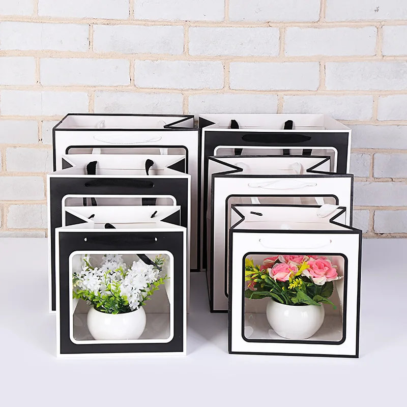 

2019 New Flower Packaging Boxes 12pcs Suqare Pvc Open Window Gift Bags With Handle Kraft paper Gift Bag Wedding Party Supplies