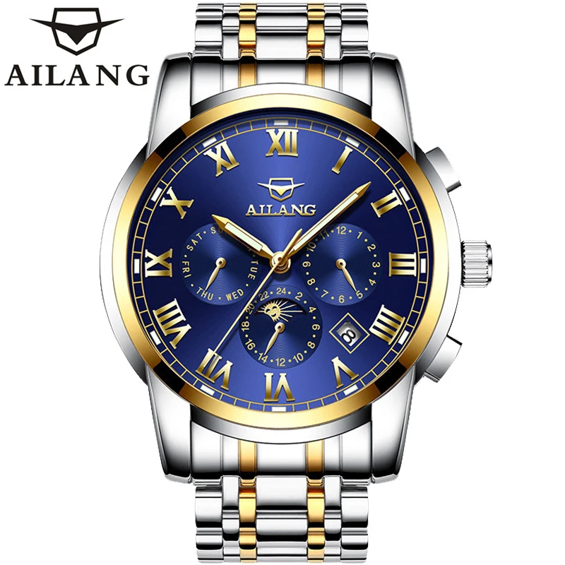 

AILANG Fashion Stainless Steel Strap Automatic Mechanical Watch Waterproof Watch Mens Week Calendar Moon Phase Display Watches