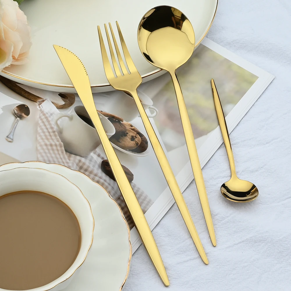 

24Pcs Stainless Steel Cutlery Set Kitchen Silverware White Gold Dinnerware Mir Flatware Knife Fork Spoon Tableware Sets