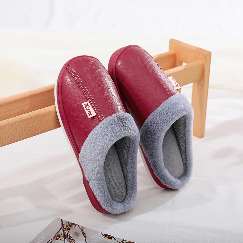 

Plus Size 35-44 Genuine Leather Warm Winter Home Slippers Non-Slip Thick Warm House Shoes Cotton Women Men Slippers 8 Colors