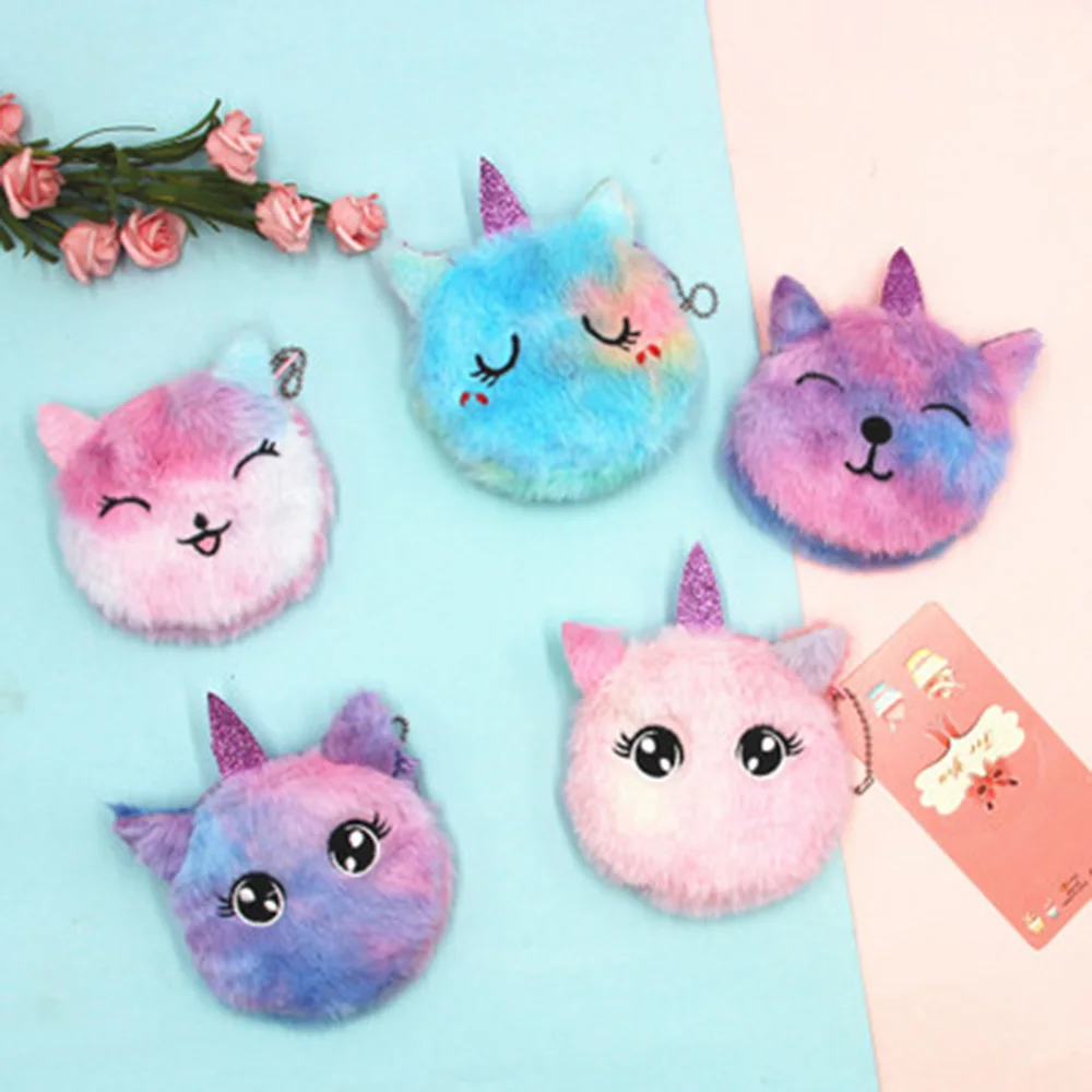 

Cartoon Plush Unicorn Coin Purse Cute Cat Fur Circle Wallet Girl Clutch Embroidered Bag Key Earphone Organizer Pouch Kids Gift
