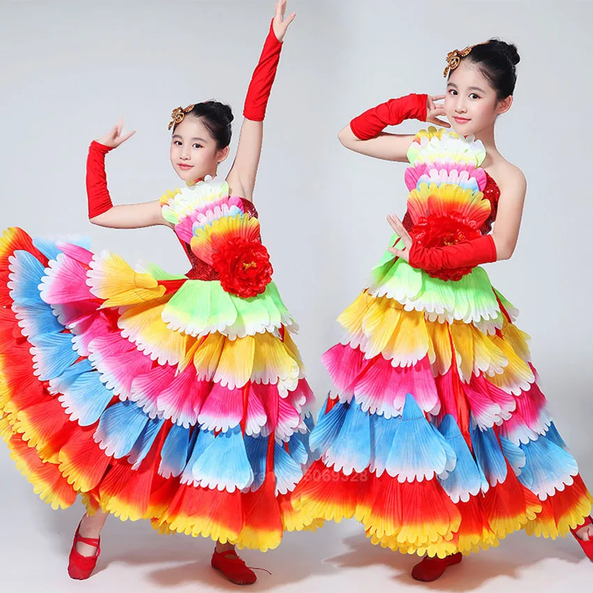 

Gypsy Girls Spanish Flamenco Peony Petal Dress Costumes Bullfight Flamenco Skirts Belly Dance Dresses for Kids Girls Long Robe