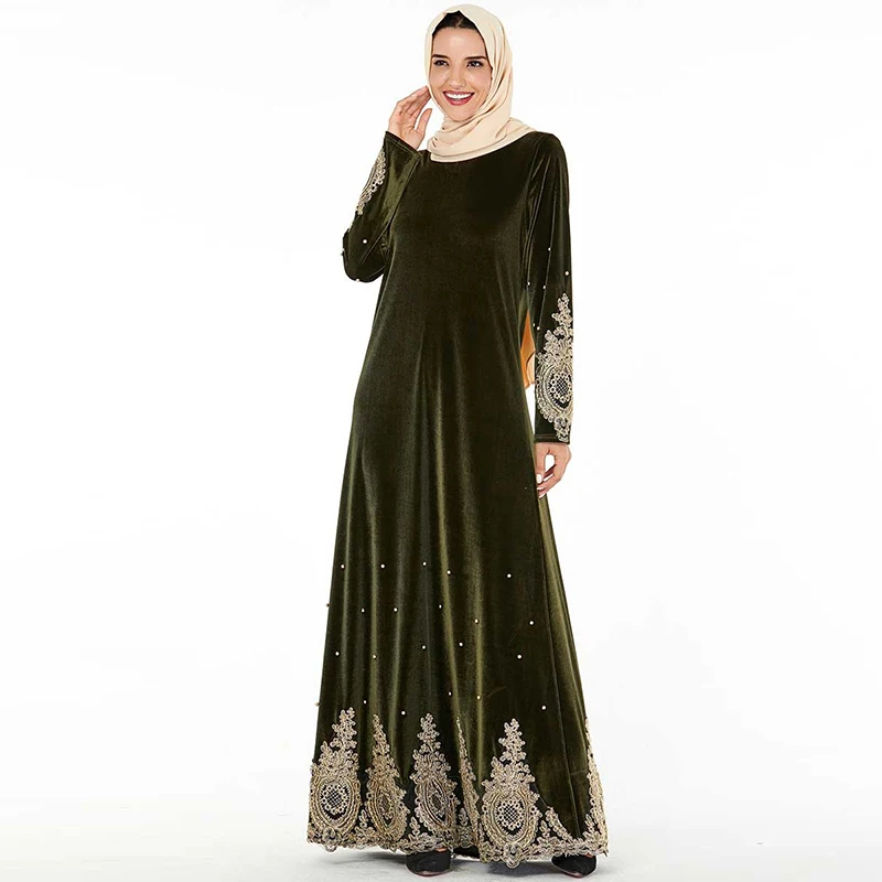 Мусульманские женщины с длинным рукавом Дубайский хиджаб золото бархат