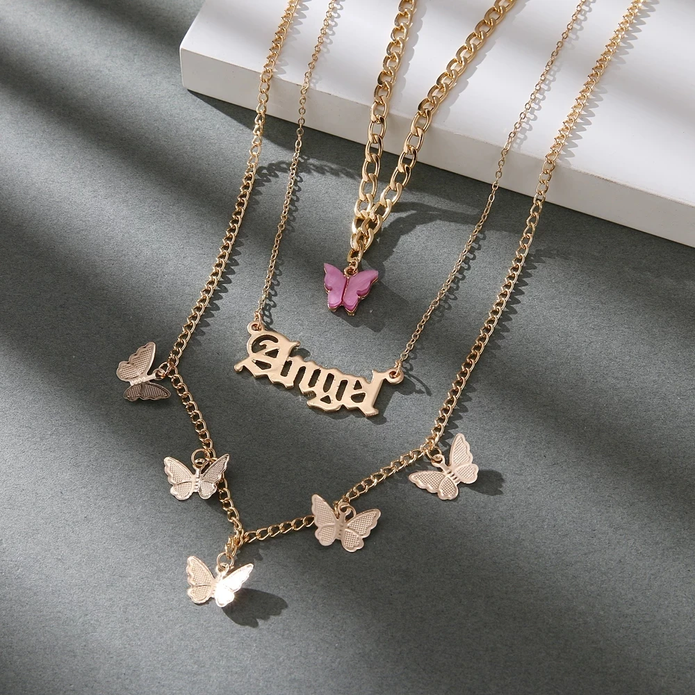 

Multi-layer Butterfly Letter Necklaces For Women Girls Trendy Sweet Style Angel Butterfly Choker Necklaces Fashion Jewelry Gifts