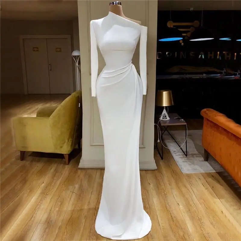 

Elegant Satin Mermaid Prom Dresses Long Sleeve One Shoulder Sweep Train Formal Dress Evening Gowns robe de soiree