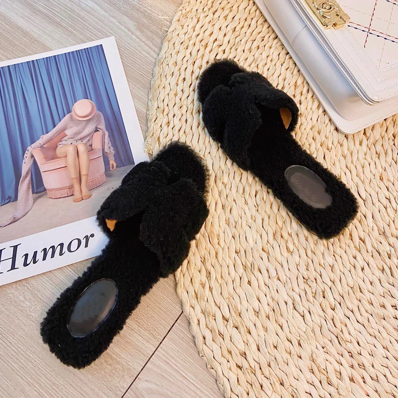 

Luxury Brand Women's Plush Fur Sandals Outdoor Fashion All-match Thick Flats Outdoor Shoes Beige Black Gray