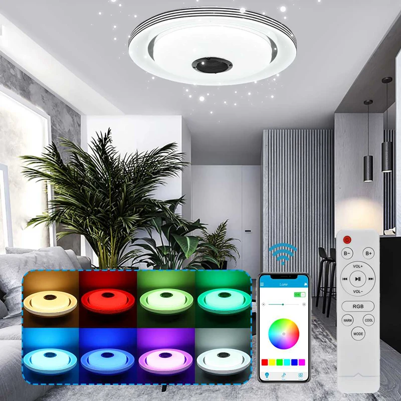 Luzes de Teto App com Controle Pode Ser Escurecido Led Redonda Música Inteligente Casa Luminárias Quarto Iluminação Suporte Bluetooth Remoto 36w – 80w Rgb
