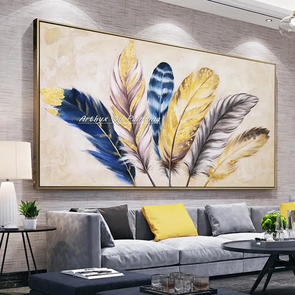 

Arthyx Hand Painted Golden Feather Oil Painting On Canvas Handmade Modern Abstract Pop Art Wall Picture For Room Home Decoration