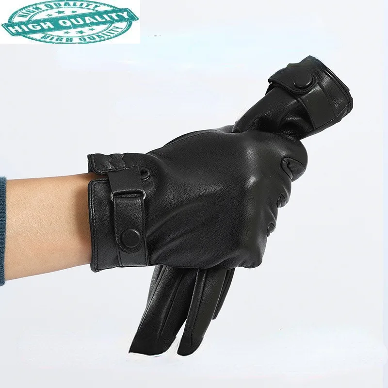 

Genuine Men Sheepskin Leather Black Touch Screen Full Fingers Gloves Male Warm Thick Winter Wear Guantes SQQ382