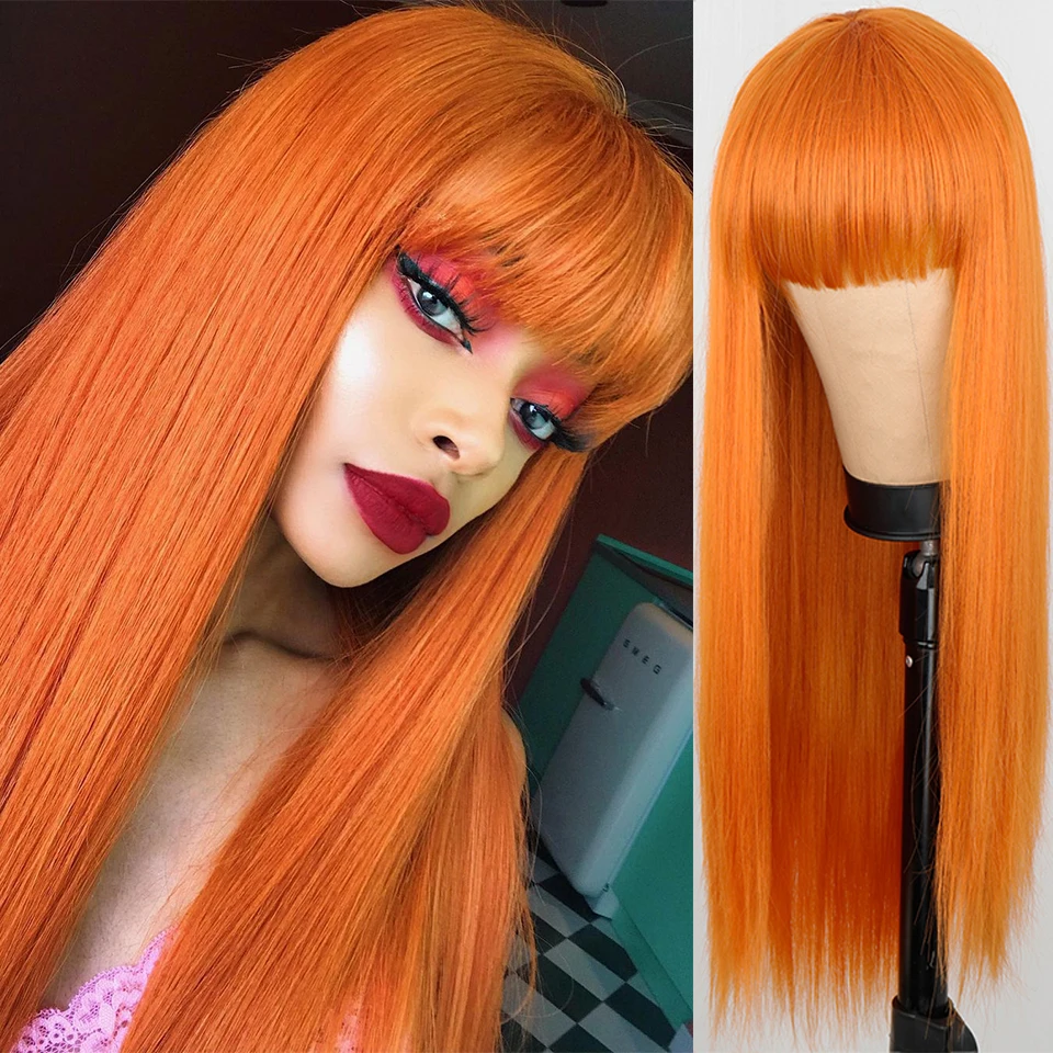 

VOGUESI 26Inch Blonde Orange Long Straight Wig With Bangs Cosplay Synthetic Hair Wigs For Woman Heat Resistant Fiber Hair Wigs