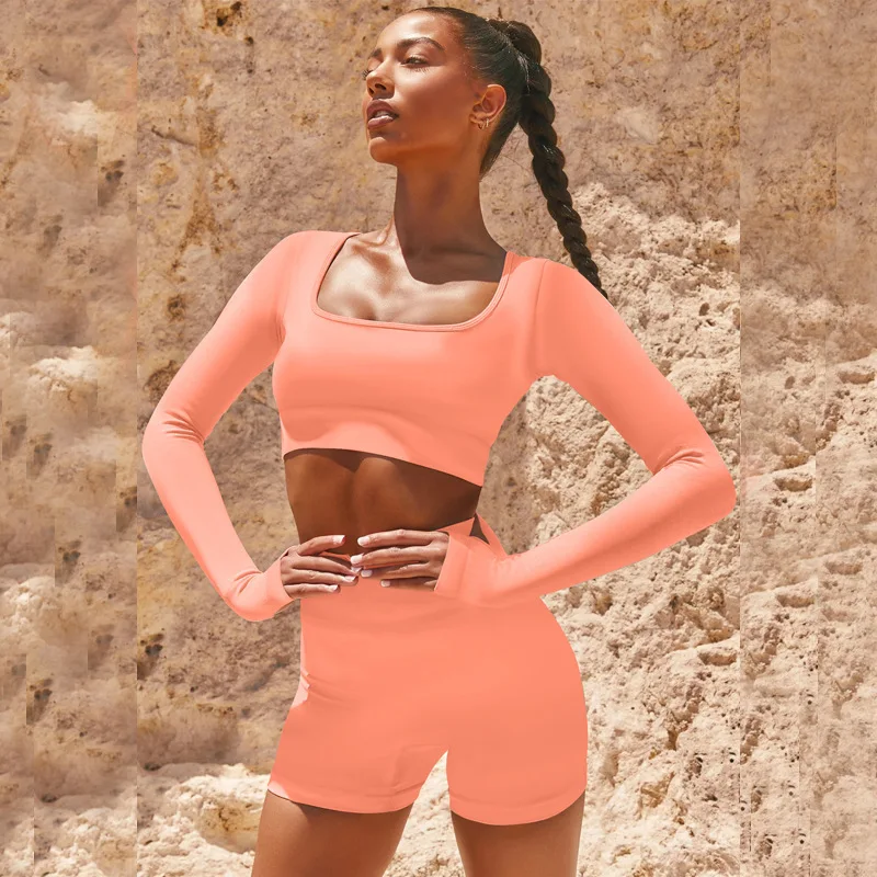 Seamless Women's Suit Gym Long Sleeve Fitness T-Shirt Tight Shorts 2 PCS Sets Women Sexy Solid Yoga Tracksuit Casual Sportswear