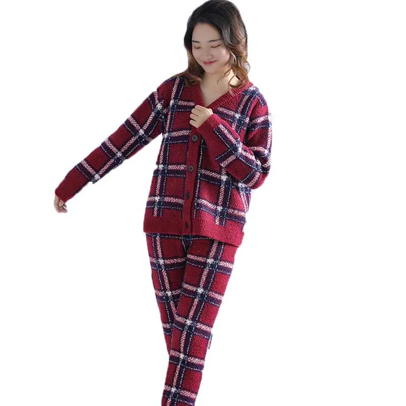 

Home Christmas cardigan check pajama suit casual fashion half flannel lady home suit