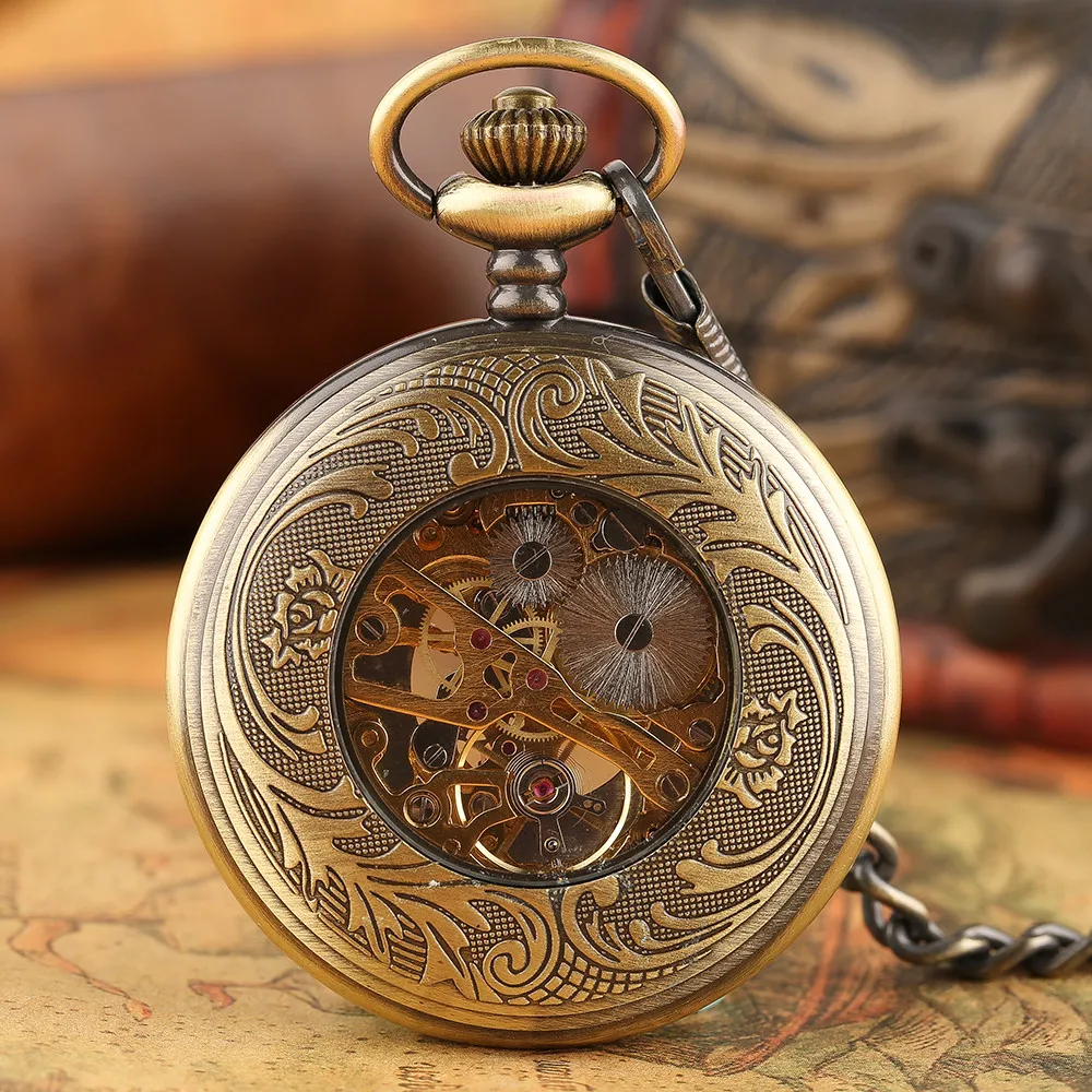 Bronze Pattern Mechanical Hand Winding Pocket Watch Transparent Glass Cover Roman Numeral Retro Pocket Chain Pendant Male Clock