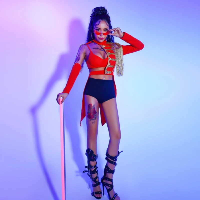 Сексуальный костюм для джазовых танцев красный DS с кисточками ночного клуба GoGo