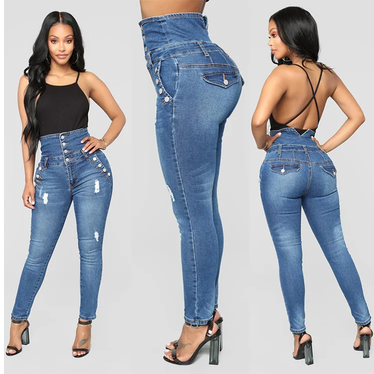 

Women's jeans button high waist elastic jeans women's pants