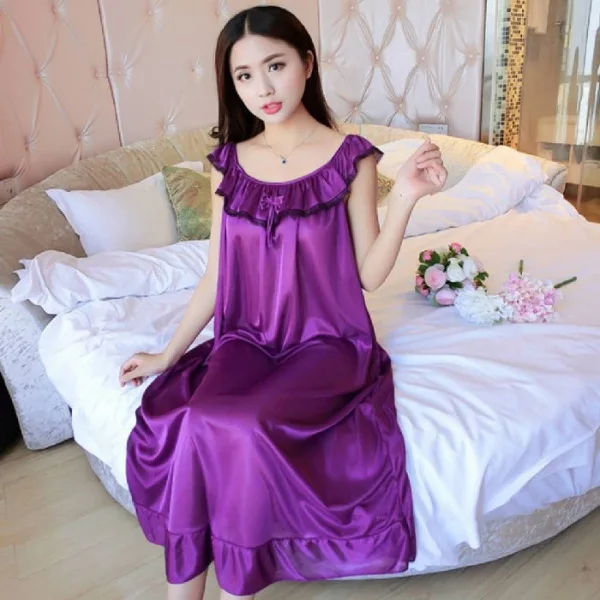 New Summer Short Sleeve Imitation Silk Nightdress Women's Lace Nightgown Lady Silk Home Clothes Thin Ice Silk Female Sleepwear