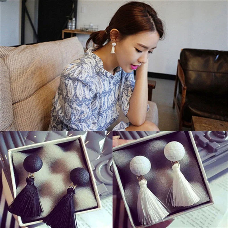 

Frosted Round Button Black and White Tassel Dangle Earrings for Female 2021 Trend Fashion Jewelry