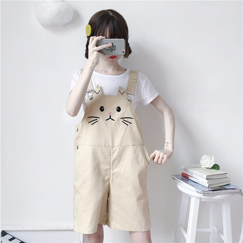 Летние новые женские шорты на подтяжках милые с вышивкой в виде кота Свободные