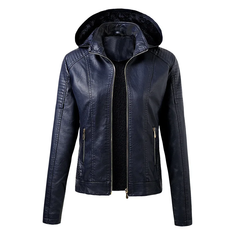 Fall/winter Plus Velvet PU Hooded Leather Fashion Warm Windproof Women's Zipper Three-dimensional Jacket Women Biker Jacket XL