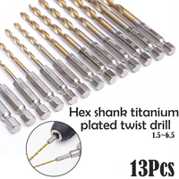 13pcs hss drill bit set high speed steel titanium coated drill bit 14 hex shank 1 5 6 5mm hexagonal handle twist drill
