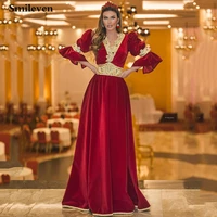 smileven red vintage satin saudi arabia evening dress v neck flare sleeve special occasion party gowns with gold lace appliques