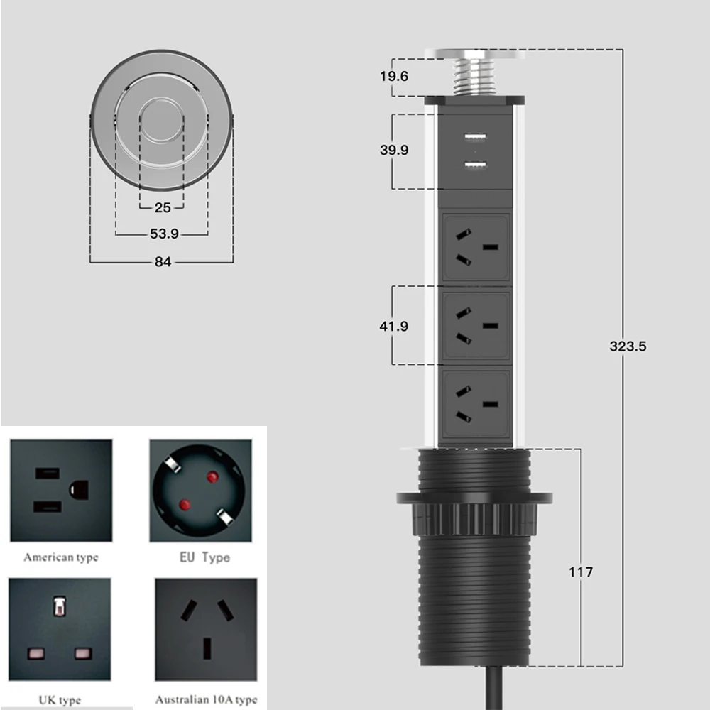 Выдвижная розетка 60/80 мм кухонная офисная настольная выдвижная стандартная