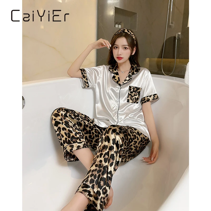

Женские пижамы CAIYIER с коротким рукавом, пикантные шелковые ночные рубашки с леопардовым принтом, домашняя одежда для сна с принтом зебры, ле...