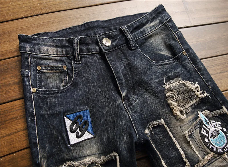 Autumn Embroidered Slim Feet Pants Fashion Hip-hop Rock Tide Casual Trousers 73%cotton Erkek Kot Pantolon Men's Male Denim Jeans | Мужская