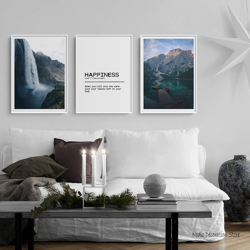 Современный постер счастья с изображением водопада гор озера настенный