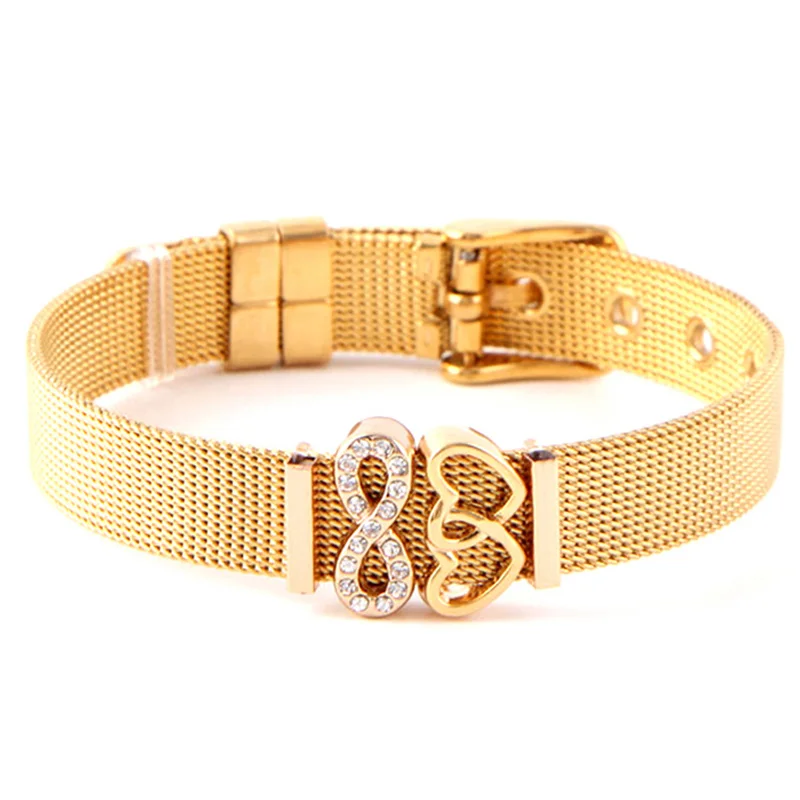 Сетчатый Браслет из нержавеющей стали розовое золото с кристаллом в виде сердца