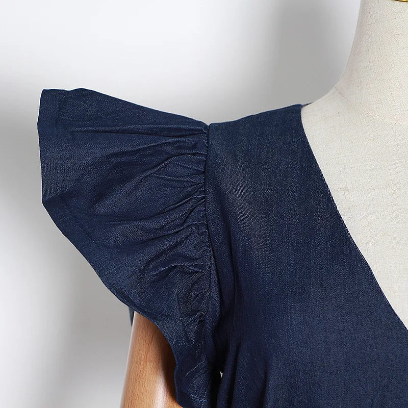 

SISPELL Patchwork Ruffle Dresses For Girls V Neck High Waist With Belt Slimming Women's Denim Dress 2020 Fashion Autumn New