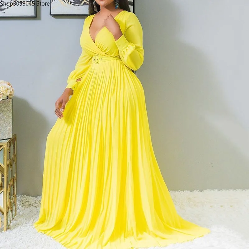 Women Yellow Long Dress Lantern Sleeve Plus Size Dresses Robe Pleated Plain Dinner Party Vintage Female Maxi Vestiods | Тематическая