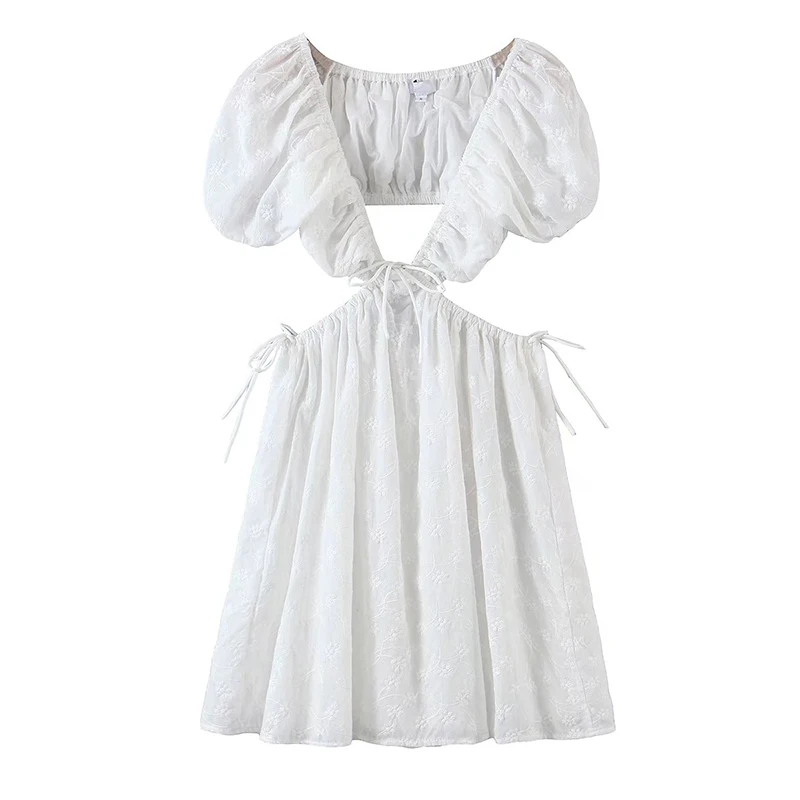 

Женское ажурное платье с цветочной вышивкой, белое короткое платье с V-образным вырезом и рукавами-фонариками, лето 2022