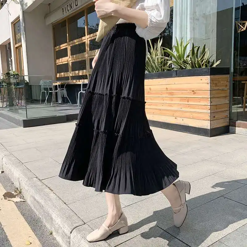 

Spring Summer Women Pleated Skirt Vintage Casual Chiffon High Waist Long Skirts Ladies Patchwork Midi Saia Black White Faldas