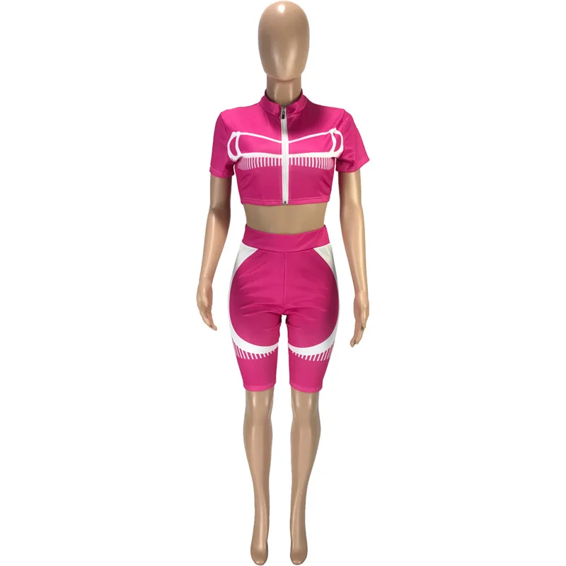 

Summer Clothes for Women Wholesale Items Fashion Round Collar Zipper Crop Top Sports Style Short Suits Tracksuit Dropshipping