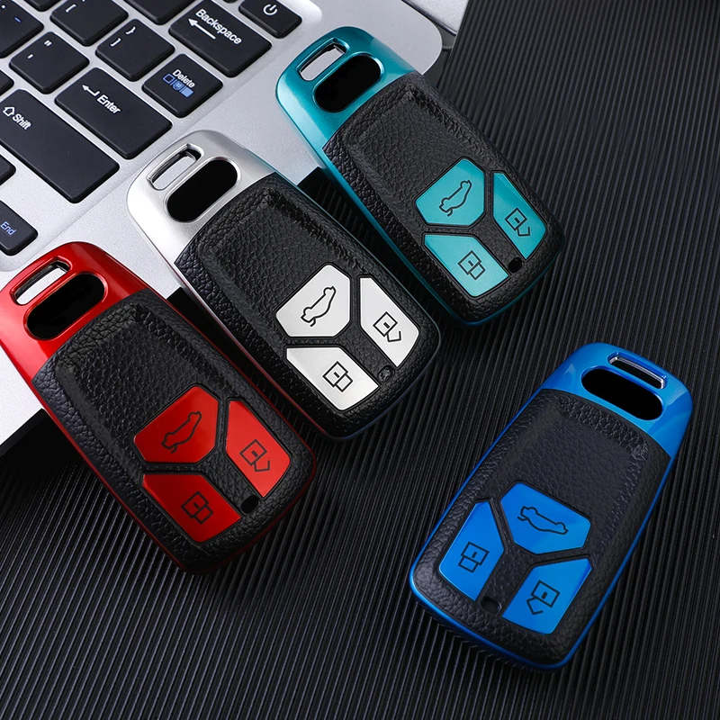 

For Audi A4 A4L A5 A6 Q7 S4 S5 B9 TT TTS RS 8S 2016-2018 Leather TPU Car Remote Smart Key Case Cover Shell Holder Bag Keychain