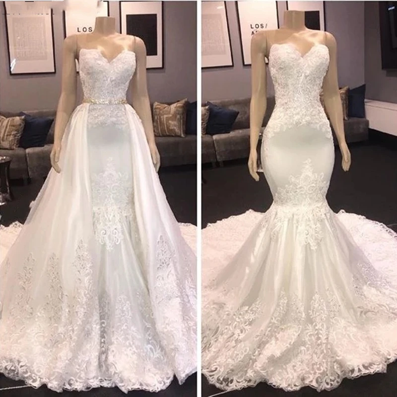 

2 Pieces Wedding Dresses Removable Skirt Detachable Train Lace Satin Mermaid Vestidos De Noiva Luxury Bridal Gowns 2021
