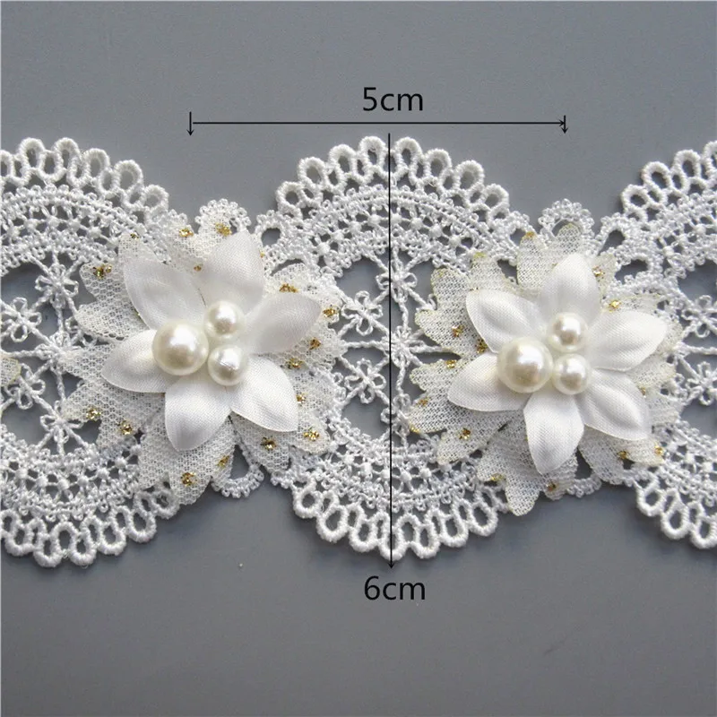1 ярд полиэстер бело-розовая Жемчужина цветы вышитые кружева отделка Лента для