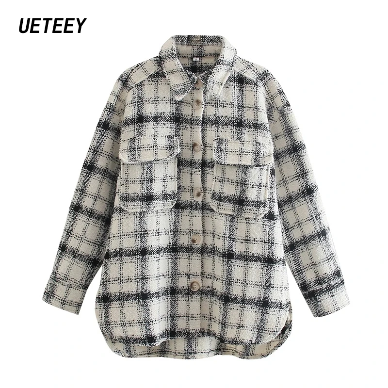 

Women's Shirts Jackets Vintage Coats Oversize Outwear Plaid Female Loose Pockets Long Sleeves Casual Streetwear Outerwear Korean