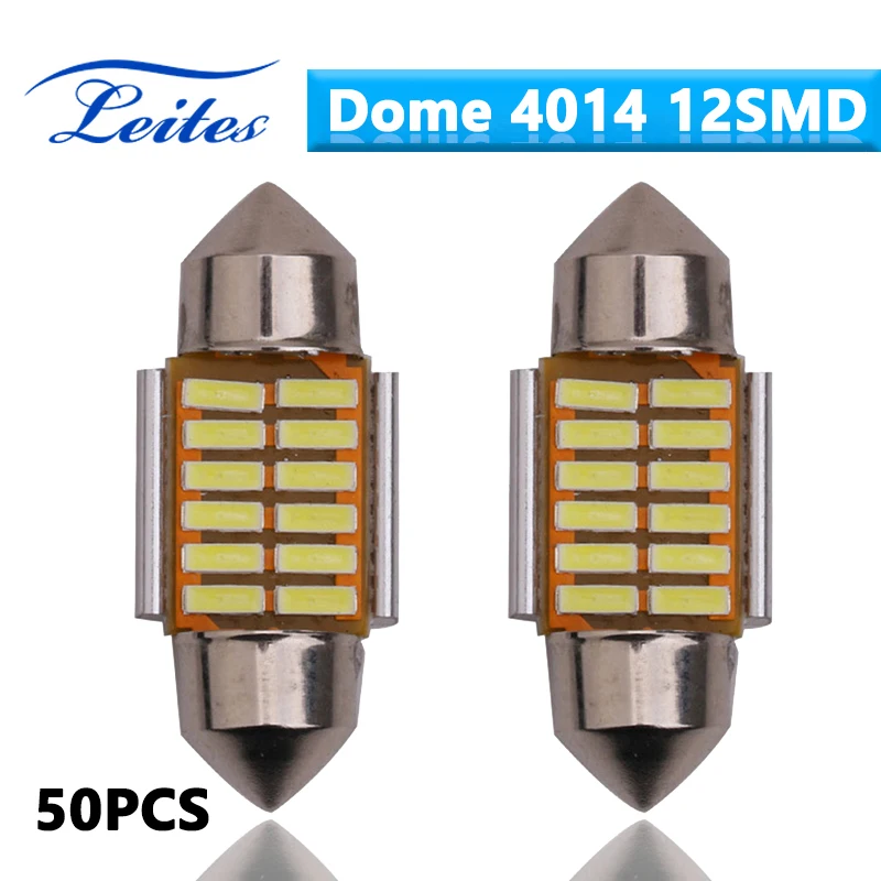 

Leites 50pcs Car Led Festoon 28mm 12SMD 4014 Wedge Car Auto LED Interior Festoon Dome Reading License Plate Light