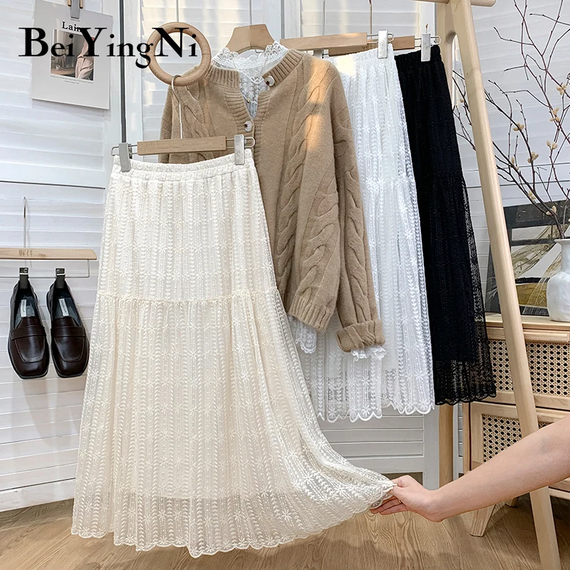 

Beiyingni Women Lace A-line Skirt Solid Color Simple Lining High Elastic Waist Chic Vintage Elegant Skirts Soft Faldas Female