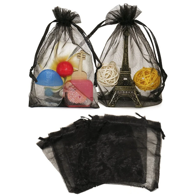 

100 pieces 7x9 9x12 10x15 13x18 15x20CM black organza bag pullable jewelry packaging bag wedding party gift bag