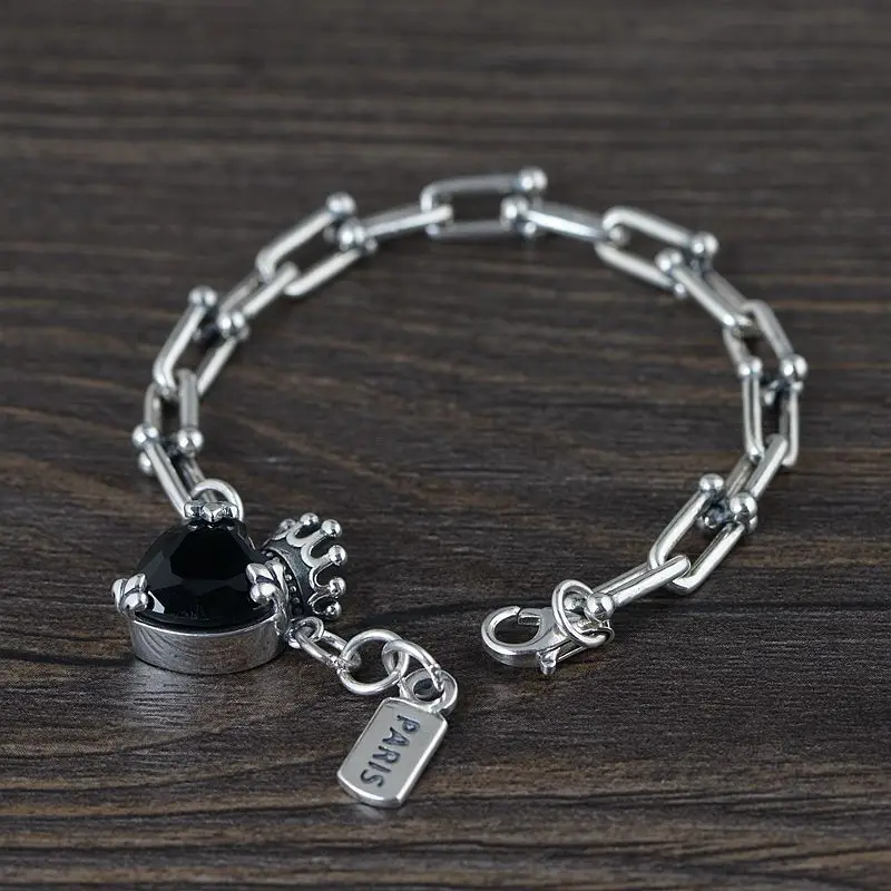 

S925 Silver Retro Thai Silver Necklace Chain Wholesale Female Models Crown Inlaid Synthetic Zircon Peach Heart Bracelet