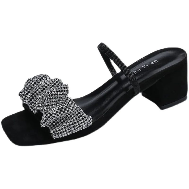 

Rubber Flip Flops Shoes Woman's Slippers Luxury Slides Med Butterfly-Knot Square heel Flock Heeled Mules Hawaiian 2021 Designer