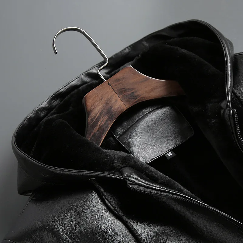 Мужская кожаная куртка с флисовой подкладкой теплая зимняя из искусственной