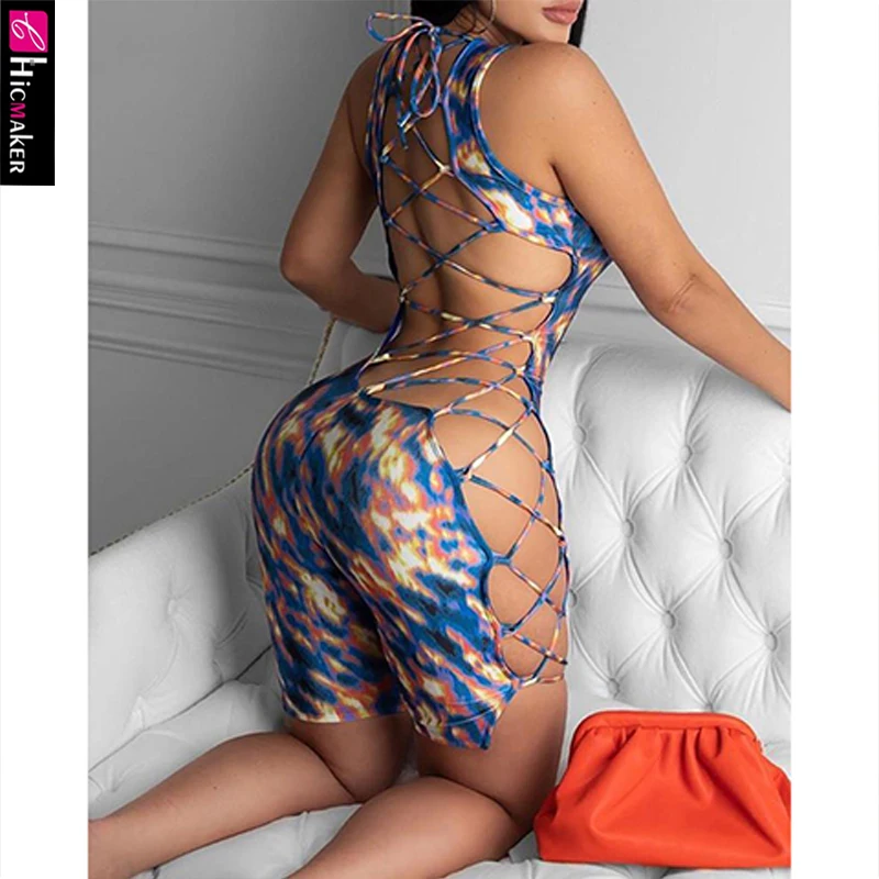 Женский комбинезон на шнуровке пикантный с вырезами и принтом одежда для