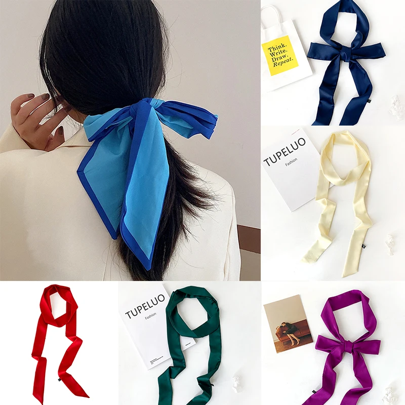 

18 Colors Solid Long Silk Scrunchie Hair Skinny Scarf Fashion Hairbands Ribbon Headband Female Bag Wirst Wrap Hair Accessories