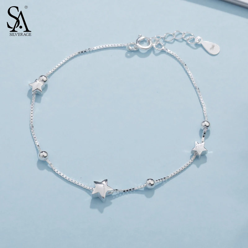 SA SILVERAGE 925 Silver Star Ball Chain Link Bracelets Pulseira Feminina Sterling Charms Bangles for Women | Украшения и