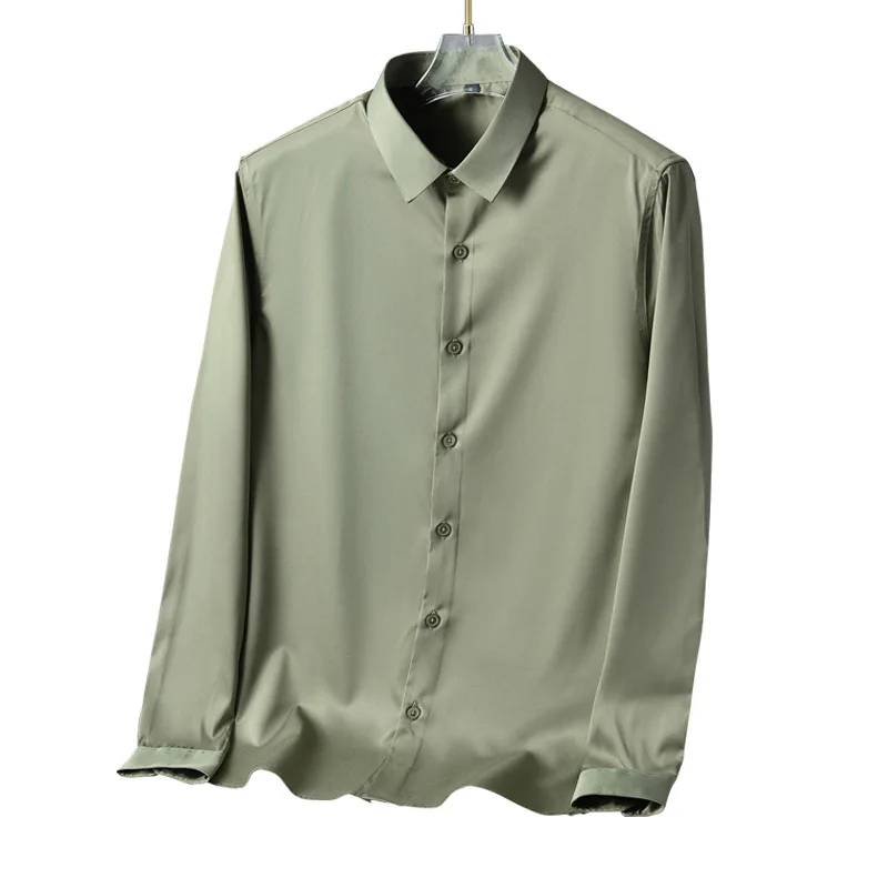 

2021 Four Seasons Man's Basic Silk Shirts Long-Sleeved Button Satin Blouse Smart Casual Tops Solid Colour Lapel New