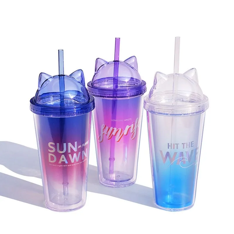 

Gradient Straw Cup Large Capacity Plastic Cup Net Celebrity Handy Cup Phantom Color Cat Ear Cover Straw Double Cup Portable